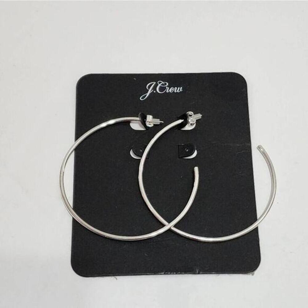 J. Crew Large Silver Tone Polished‎ Thin Hoop Earrings Post Back Minimalist New